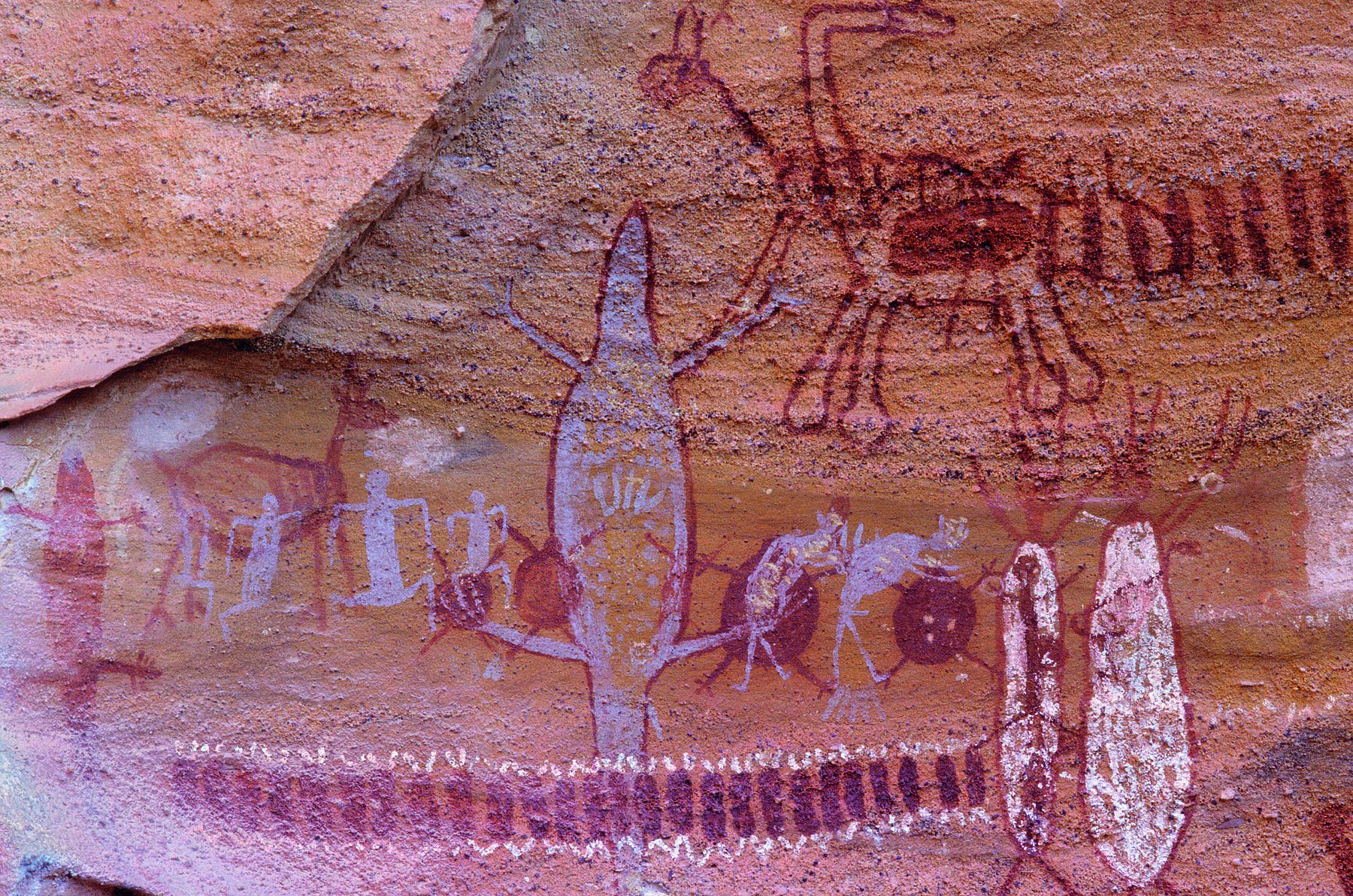 Fotografia. Pintura rupestre de seres que lembram figuras humanas ou animais antigos. Algumas dessas figuras possuem quatro patas, além de caudas ou rabos, outras aparecem com somente quatro membros. Elas estão pintadas em tons de branco e vermelho sobre rochas.
