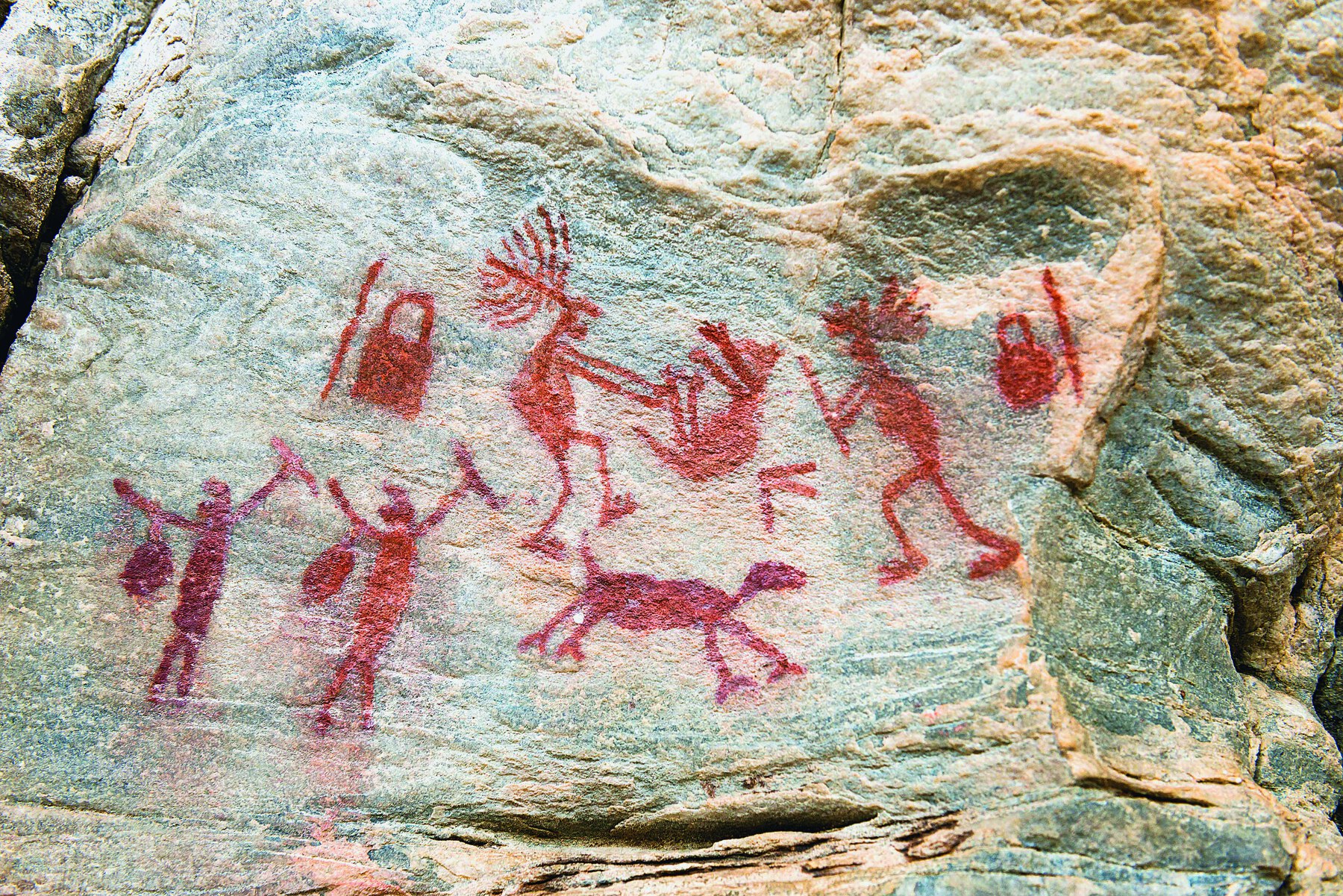 Fotografia. Pintura rupestre em tons de vermelho com imagens de seres humanos segurando lanças e animais entre eles. Dois seres humanos têm adornos na cabeça, em forma de coroa, e outros dois têm objetos arredondados pendurados em um dos braços.