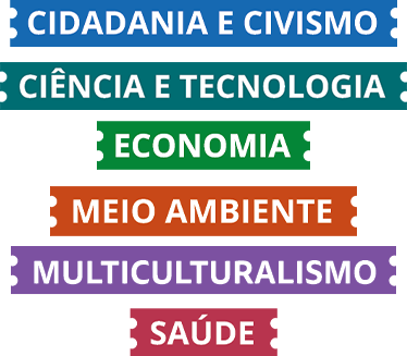 Ilustração. Ícone composto de uma faixa azul com o texto Cidadania e Civismo. Ilustração. Ícone composto de uma faixa verde-água com o texto Ciência e Tecnologia.
Ilustração. Ícone composto de uma faixa verde com o texto Economia.
Ilustração. Ícone composto de uma faixa laranja com o texto Meio ambiente.
Ilustração. Ícone composto de uma faixa roxa com o texto Multiculturalismo.
Ilustração. Ícone composto de uma faixa vermelha com o texto Saúde.