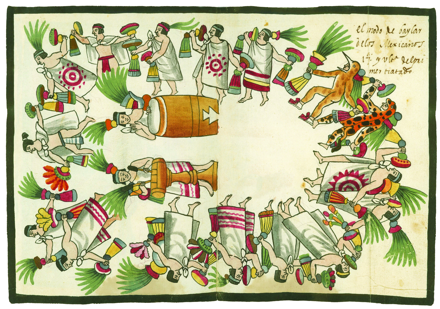 Ilustração. Aquarela representando uma dança do povo asteca. Dispostos em uma roda,  vários homens indígenas com cocares de penachos verdes e túnicas brancas com desenhos vermelhos formando linhas na barra, ou círculos rodeados de pontos com com raios. Alguns usam uma tanga e a túnica nos ombros. Na roda, há duas pessoas fantasiadas de animais: uma de tigre e outra de pássaro. No centro da roda, há duas pessoas tocando tambores. Nas mãos, todos levam objetos adornados de diferentes maneiras.