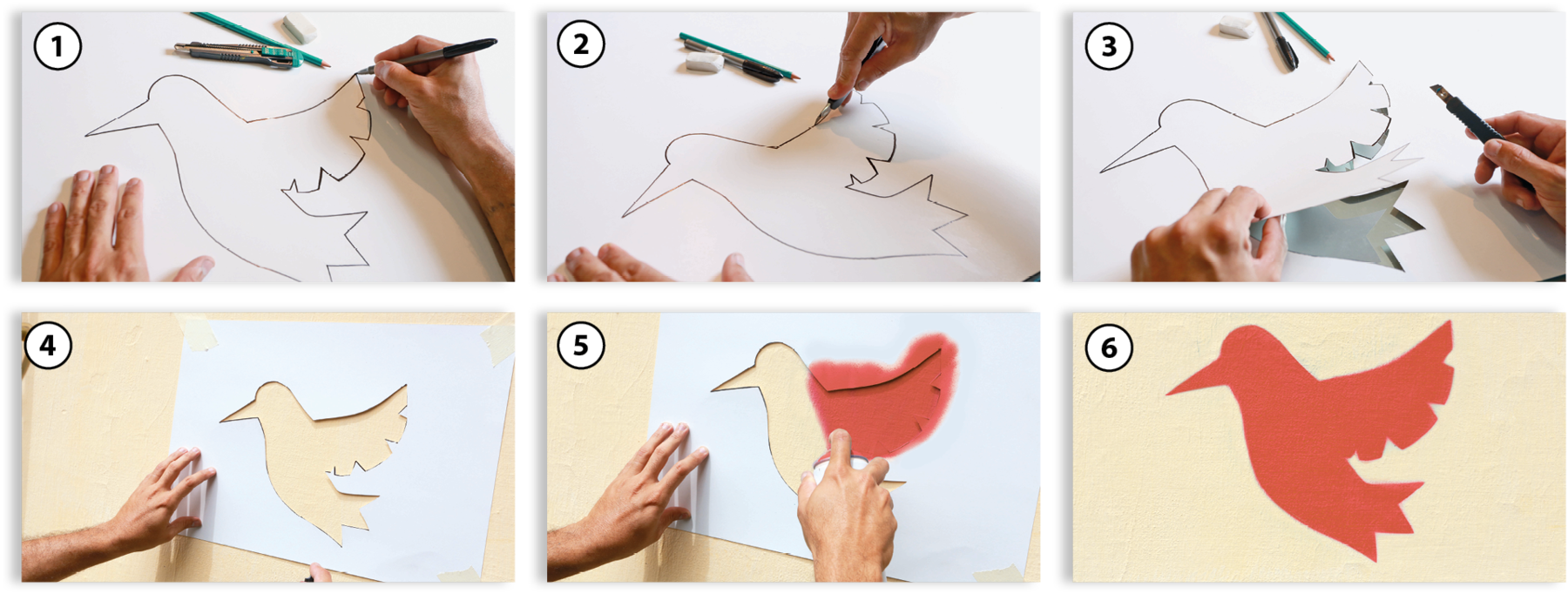 Fotografia. 1: Destaque de uma mão desenhando o contorno de um pássaro.
Fotografia. 2: Destaque de mão passando estilete pelo contorno de um pássaro desenhado.
Fotografia. 3: Mão destacando o recorte de um pássaro da folha de papel.
Fotografia. 4: Destaque de uma mão segurando o molde vazado, em forma de pássaro, contra uma parede.
Fotografia. 5: Mão passando tinta spray sobre a parede através do molde em forma de pássaro.
Fotografia. 6: Pintura de um pássaro vermelho sobre a parede.