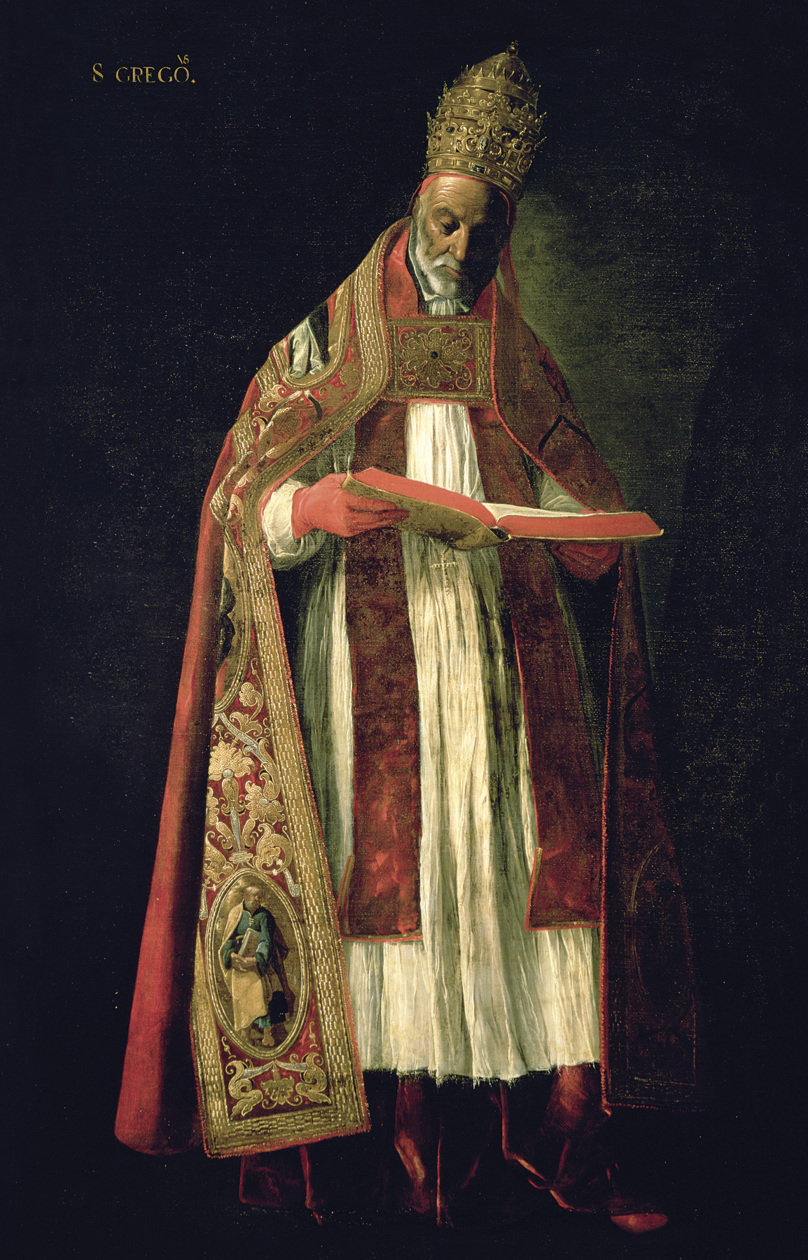 Pintura. Homem de barbas brancas, usando coroa longa dourada e túnica branca e vermelha sob manto vermelho e dourado. Ele usa luvas vermelhas e segura um livro grosso  aberto.