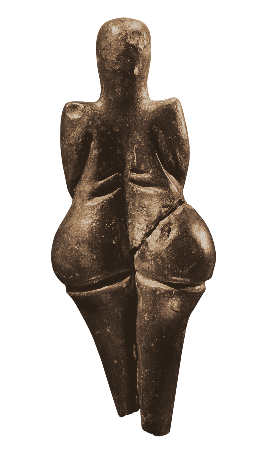 Fotografia. Três ângulos (frontal, lateral e posterior) de escultura em argila escura de mulher nua, de formas arredondadas e volumosas, seios grandes e flácidos, sem braços e pés e sem rosto definido.