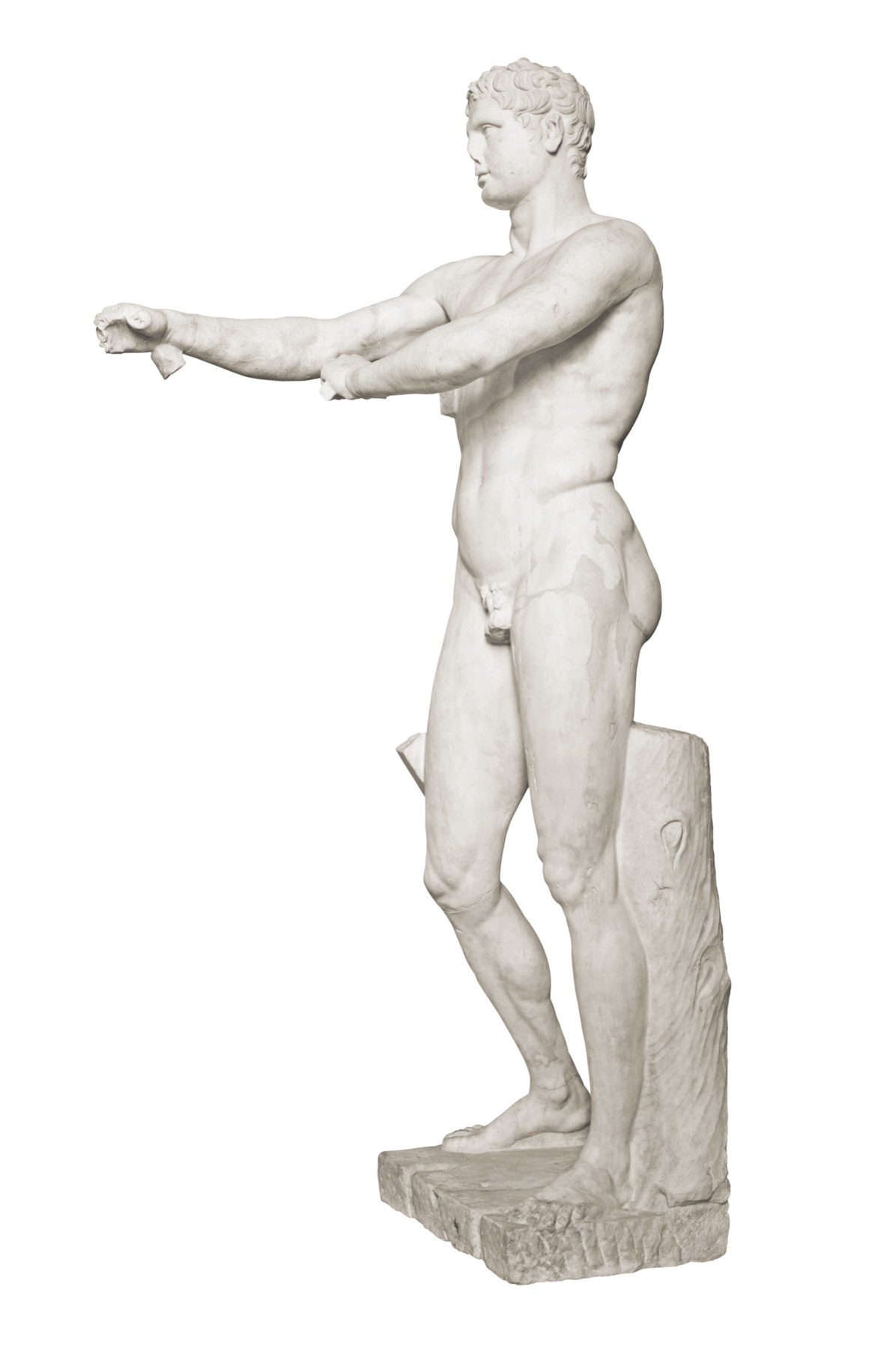 Fotografia. Dois ângulos (frontal e lateral) de escultura em mármore branco de um homem nu, com as pernas abertas,  de cabelo cacheado, com músculos definidos. Ele tem braço direito esticado para a frente e o esquerdo semiflexionado em frente ao peito.