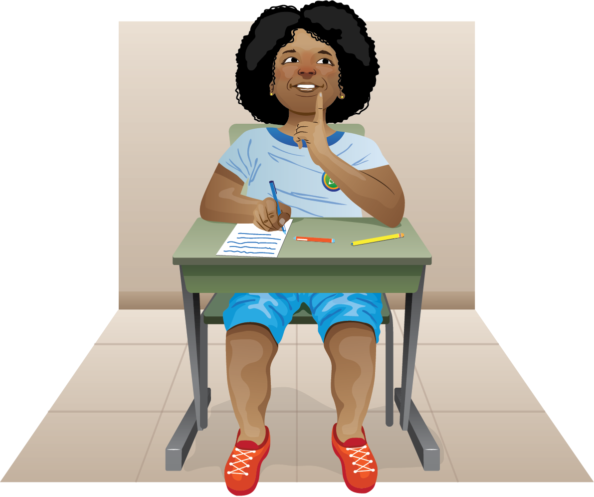 Ilustração. Menina adolescente de cabelo crespo preto, de camiseta branca e bermuda azul e tênis vermelhos. Ela está sentada em frente a uma carteira escolar escrevendo em uma folha de papel com uma caneta azul. Ela  olha para cima com o indicador da mão esquerda no queixo.