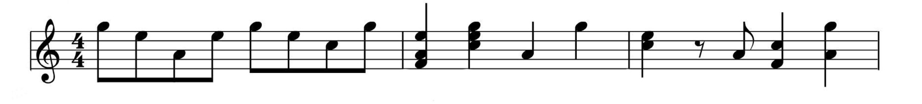 Ilustração. Pentagrama musical com uma clave de sol e cinco linhas horizontais divididas em oito conjuntos de espaços separados por linhas verticais. À direita da clave de sol há uma notação com os números 4 e 4 dispostos um acima do outro e notas musicais.