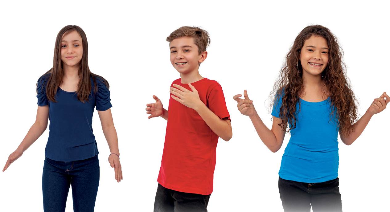 Fotografia. À esquerda, menina adolescente de cabelo longo castanho, vestindo camiseta azul e calça azul. Ao centro, menino adolescente de cabelo curto castanho, vestindo camiseta vermelha e calça preta. E à direita, menina de cabelo longo cacheado castanho, vestindo camiseta azul e calça preta.