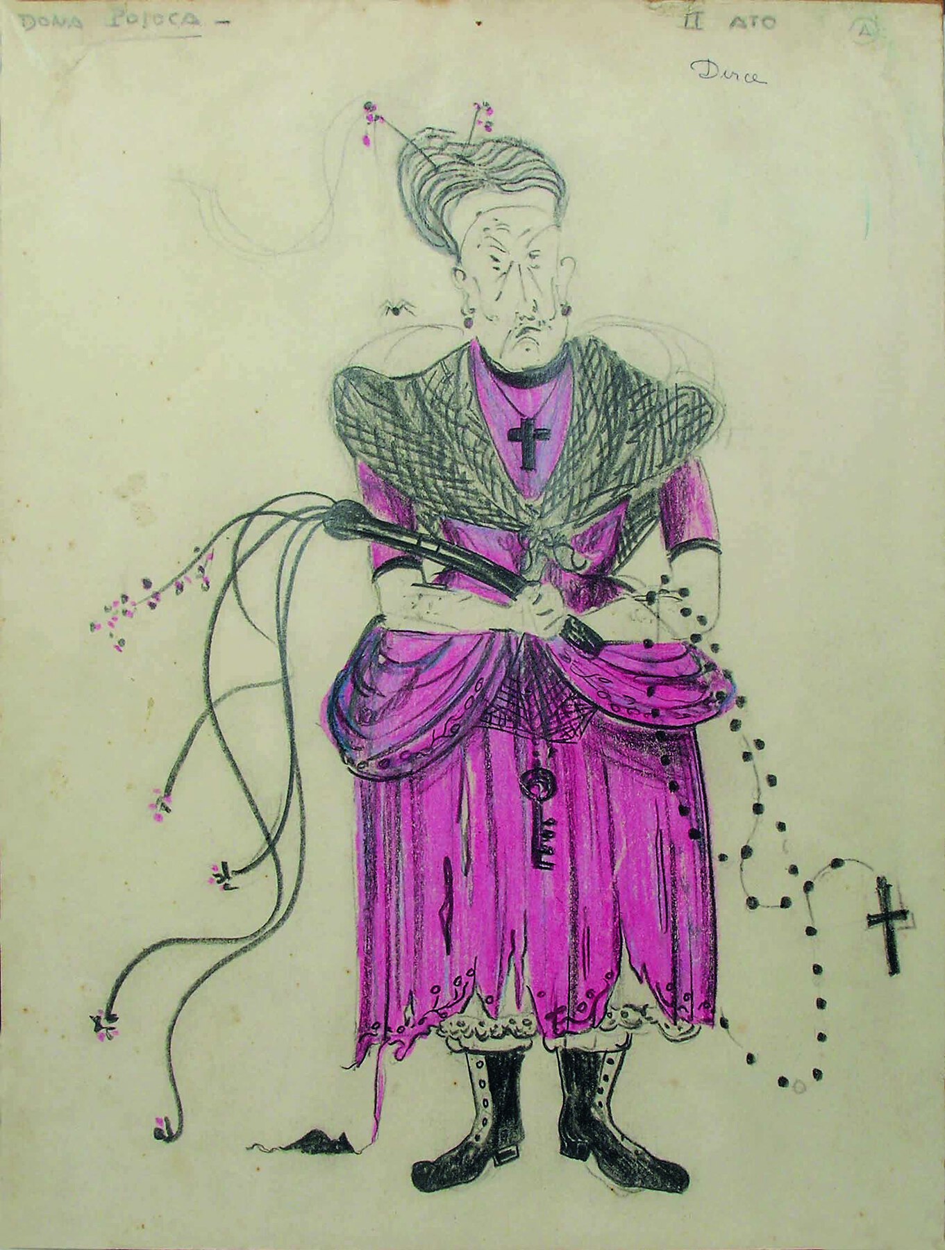 Ilustração. Mulher idosa de cabelo grisalho, usando um vestido longo na cor rosa e um colar com um grande crucifixo. Ela segura em suas mãos um chicote e um terço.