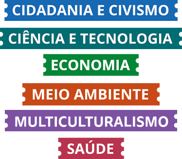 Selos coloridos com os temas contemporâneos transversais "Cidadania e civismo", "Ciência e Tecnologia", "Economia", "Meio ambiente", "Multiculturalismo" e "Saúde".