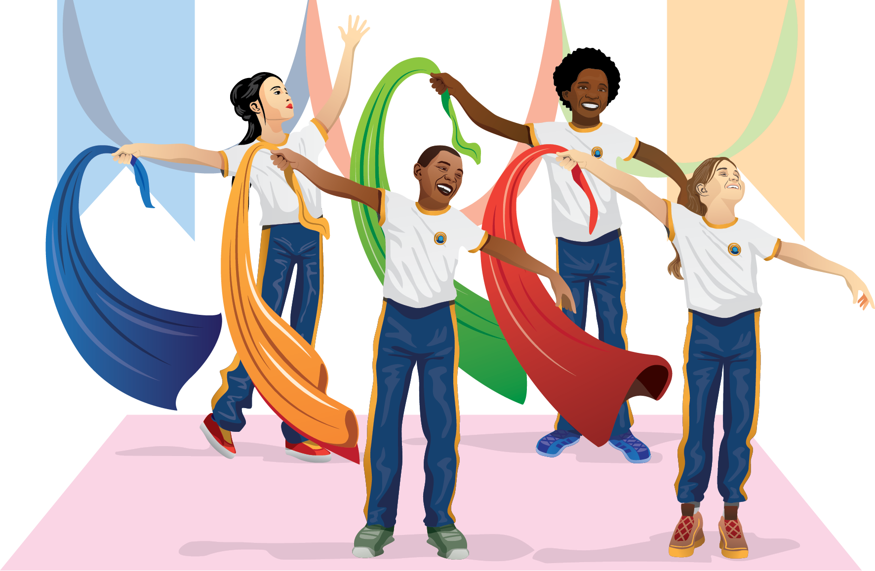 Ilustração. Crianças em movimento de dança. Quatro crianças de uniforme, com camiseta branca e calça azul, agitam com as mãos fitas longas nas cores azul, verde, laranja e vermelho.