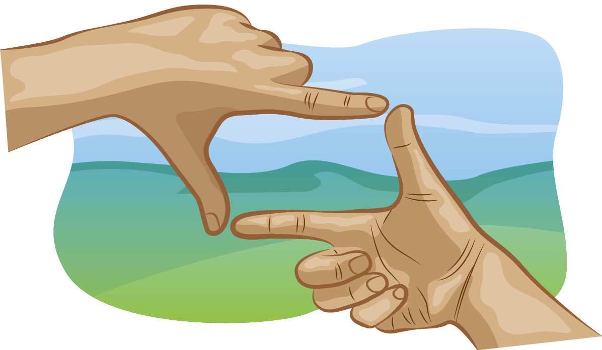 Ilustração. Destaque de duas mãos que formam uma moldura com os dedos polegares e indicadores, enquadrando uma parte da paisagem. Ao fundo, um pequeno morro no campo aberto.