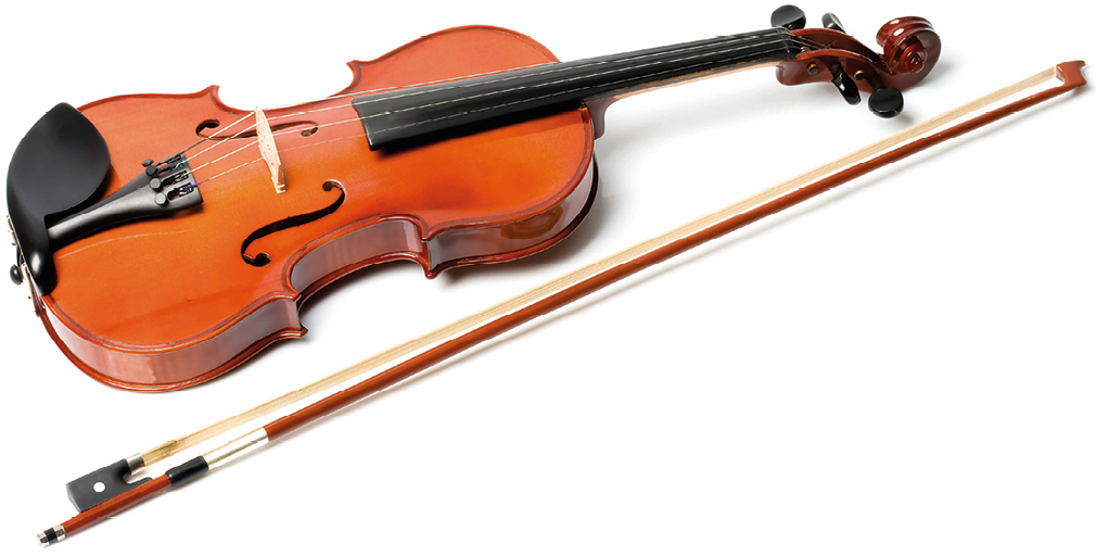 Fotografia. Violino marrom com arco longo de madeira.