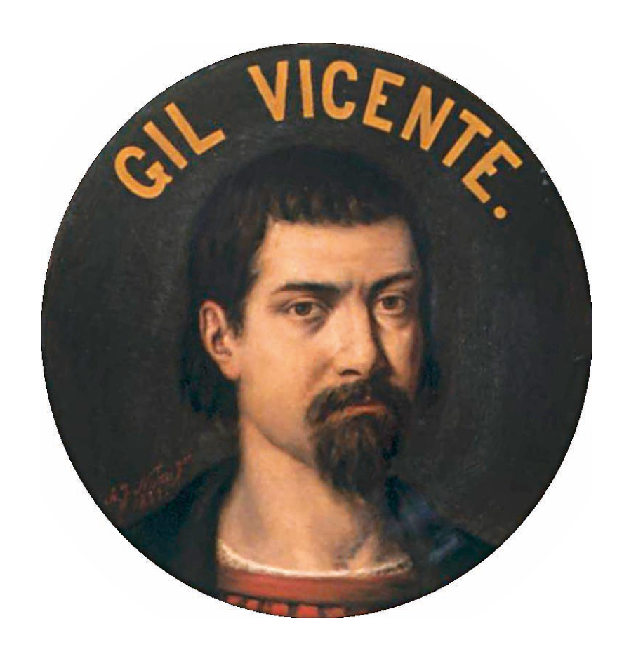 Pintura. Retrato de um homem de cabelo e cavanhaque pretos, com uma camisa vermelha e um casaco preto por cima. Na parte superior, o nome: Gil Vicente.