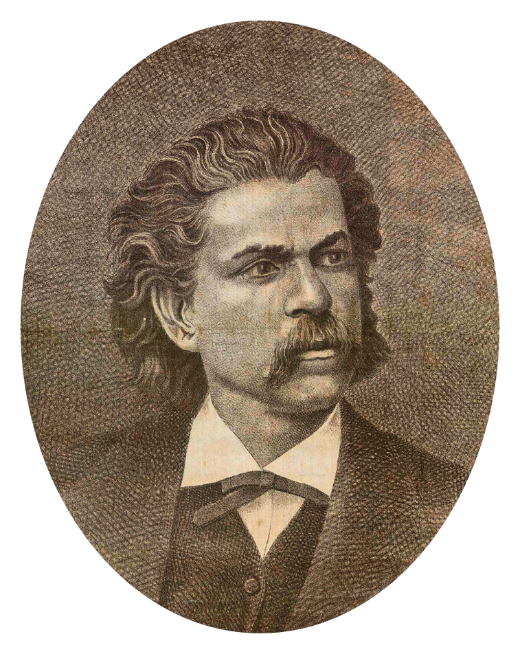 Pintura. Retrato em tons de sépia de um homem de cabelo médio ondulado e bigode espesso, com camisa, gravata, colete e paletó. Ele olha para a direita.