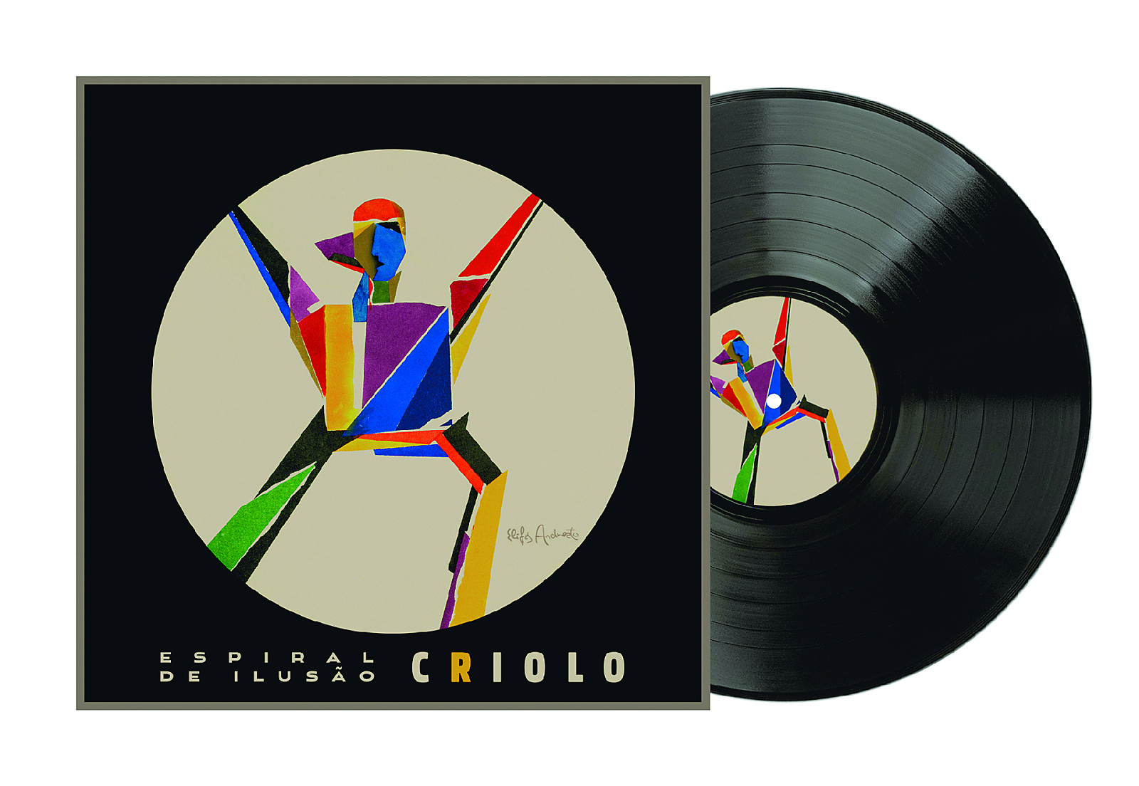 Fotografia. Capa e disco de vinil. A capa apresenta uma ilustração colorida de uma pessoa formada por elementos geométricos e o título 'Espiral de ilusão' Criolo. O disco de vinil é preto e tem a imagem da capa do disco impressa no papel que fica no centro dele.