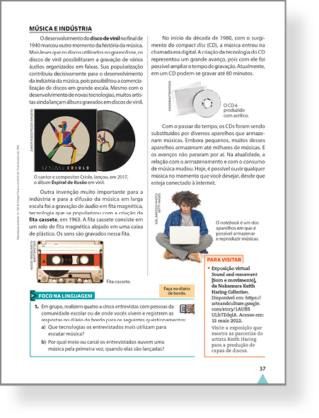 Imagem. Reprodução miniaturizada de uma página do Livro do Estudante para exemplificar os boxe "Foco na linguagem" e "Indicações".