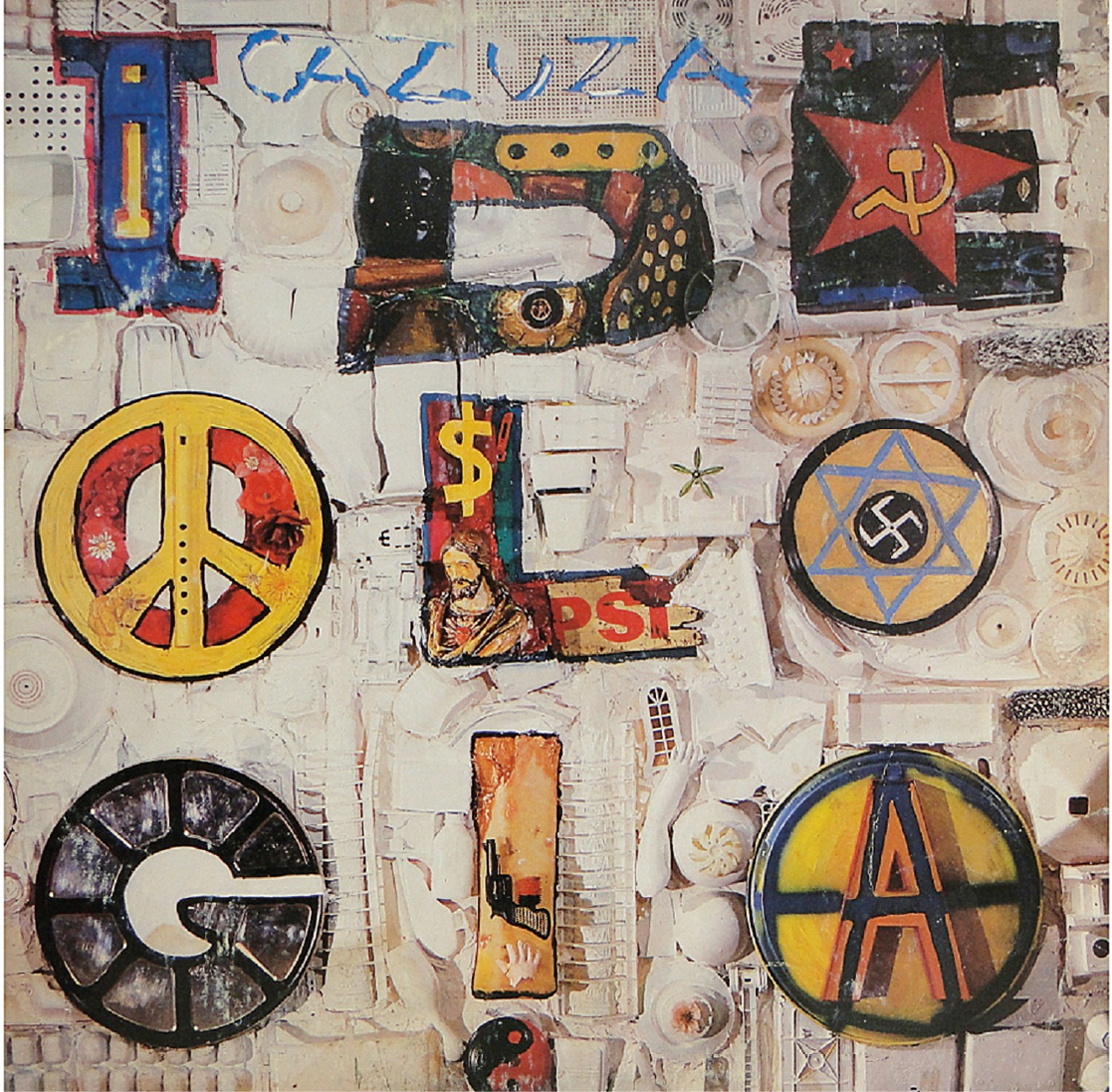 Fotografia. Capa de CD. Ilustração colorida com muitos símbolos nas letras que formam o título da obra: "Cazuza – Ideologia". Há símbolos de paz, anarquismo, socialismo etc.