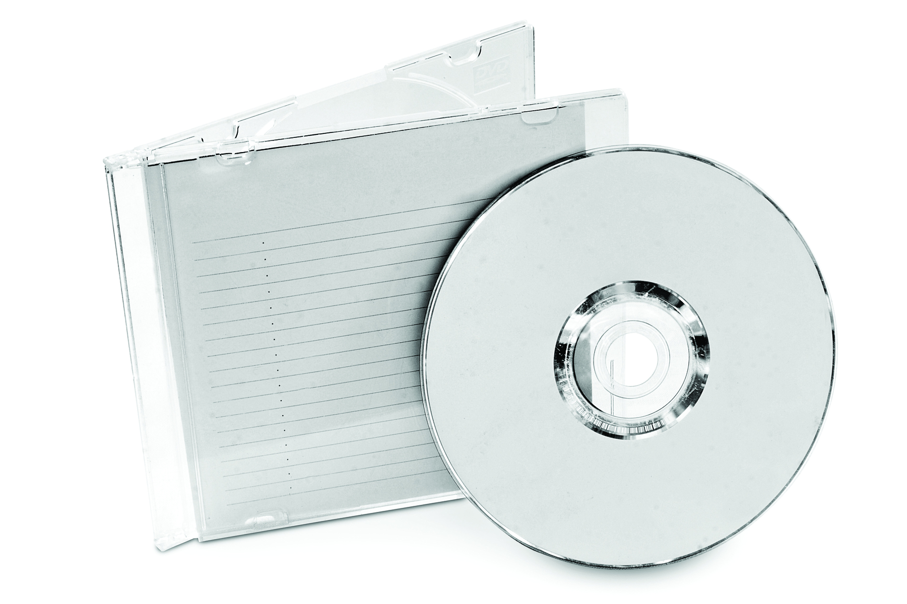 Fotografia. Caixa pequena de plástico transparente com um CD branco.