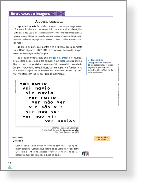 Imagem. Reprodução miniaturizada de uma página do Livro do Estudante para exemplificar a seção "Entre textos e imagens" e o Glossário.