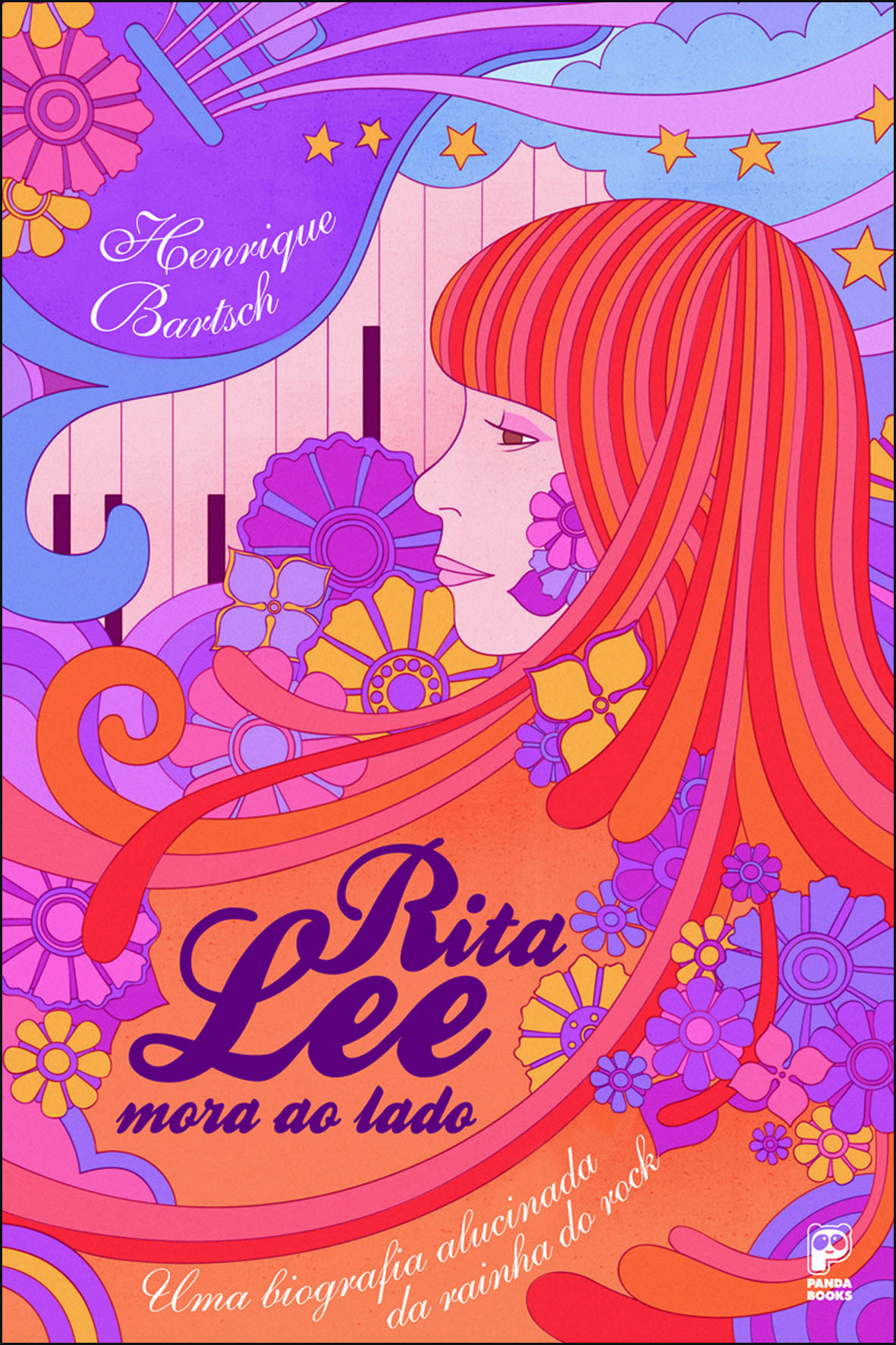 Ilustração. Capa de um livro que traz um desenho de uma mulher de cabelo longo liso ruivo, de perfil, com flores rosas e amarelas. No centro, o título da obra: “Rita Lee mora ao lado”. A imagem é colorida em tons de laranja, amarelo, rosa e lilás.
