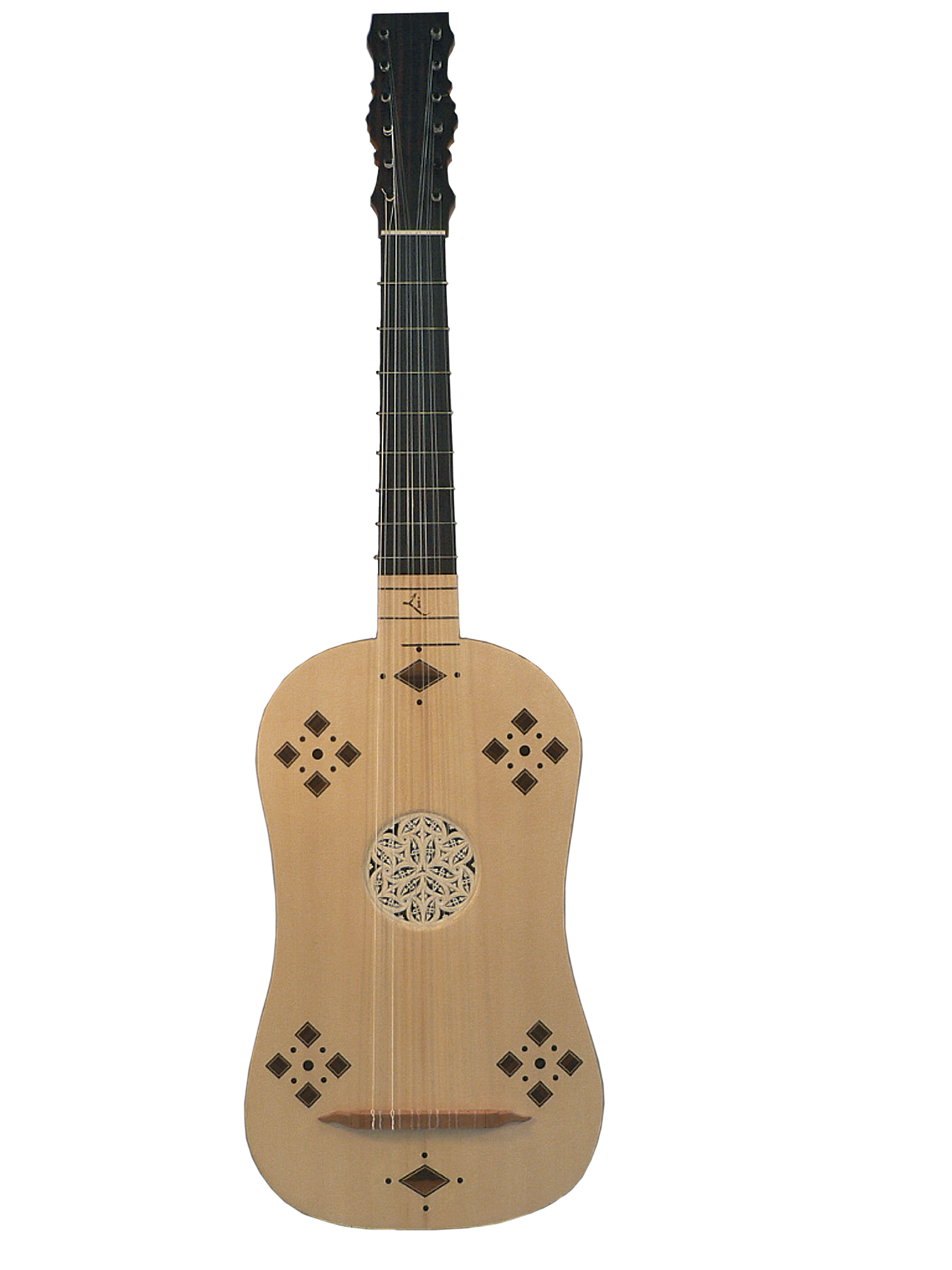 Fotografia. Instrumento musical que lembra um violão. O corpo é de madeira clara e o braço é preto. Há detalhes geométricos feitos na madeira do corpo do instrumento.