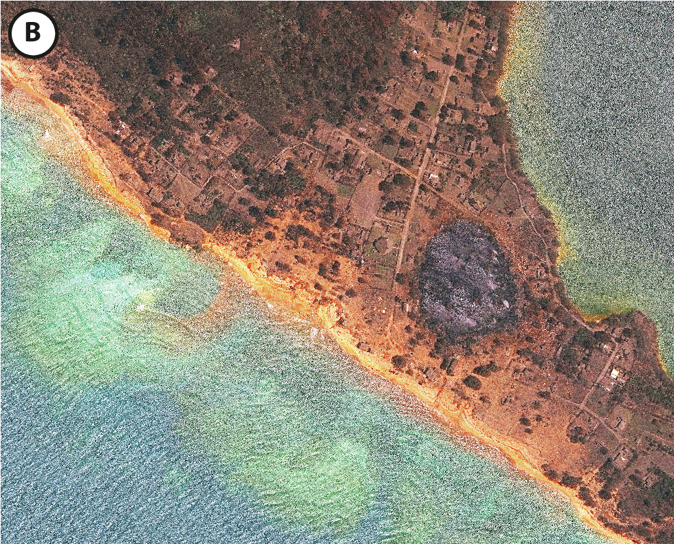 Fotografia B. Vista aérea de uma cidade com construções, solo exposto, amarronzado, pouca vegetação e, ao redor, trechos de água turva.