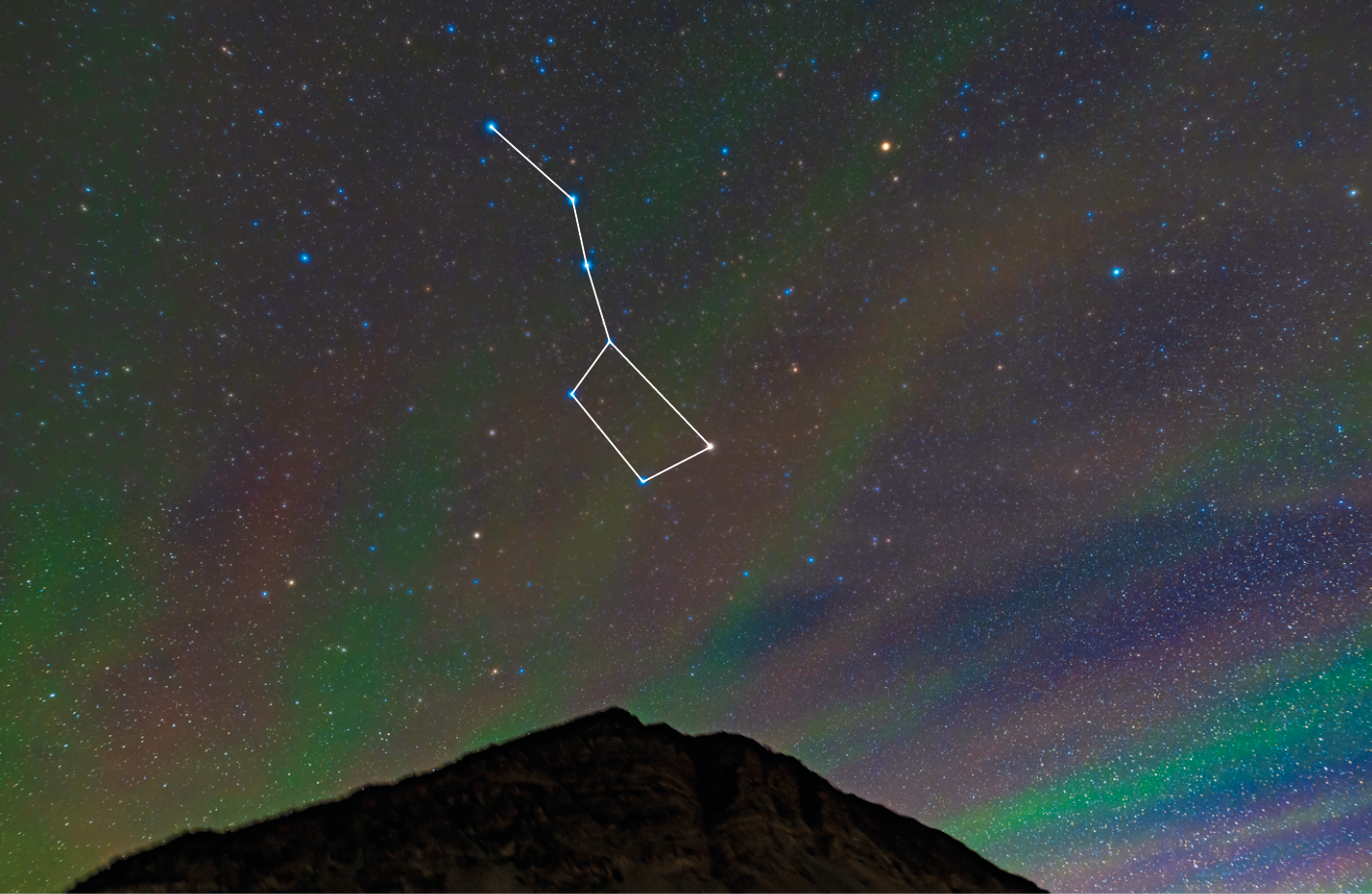 Fotografia. Na parte inferior, pico de uma montanha escura. O céu noturno está com pontos brilhantes. Alguns desses pontos estão ligados por linhas formando um retângulo com uma reta voltada para cima.