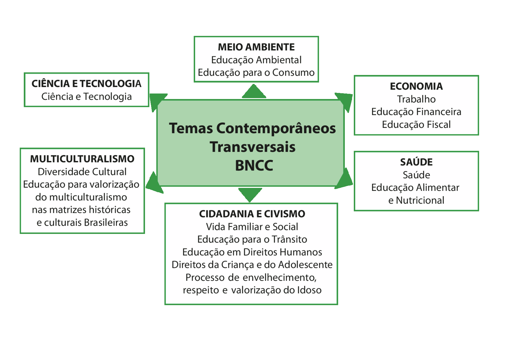 Esquema. Ao centro, a informação: Temas Contemporâneos Transversais BNCC, com setas para as seguintes informações:
MEIO AMBIENTE: Educação ambiental; Educação para o consumo. ECONOMIA: Trabalho; Educação financeira; Educação fiscal. SAÚDE: Saúde; Educação alimentar e nutricional. CIDADANIA E CIVISMO: Vida familiar e social; Educação para o trânsito; Educação em direitos humanos; Direitos da criança e do adolescente; Processo de envelhecimento, respeito e valorização do idoso. MULTICULTURALISMO: Diversidade cultural; Educação para valorização do multiculturalismo nas matrizes históricas e culturais brasileiras. CIÊNCIA E TECNOLOGIA: Ciência e tecnologia.