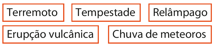 Terremoto. Tempestade. Relâmpago. Erupção vulcânica. Chuva de meteoros.