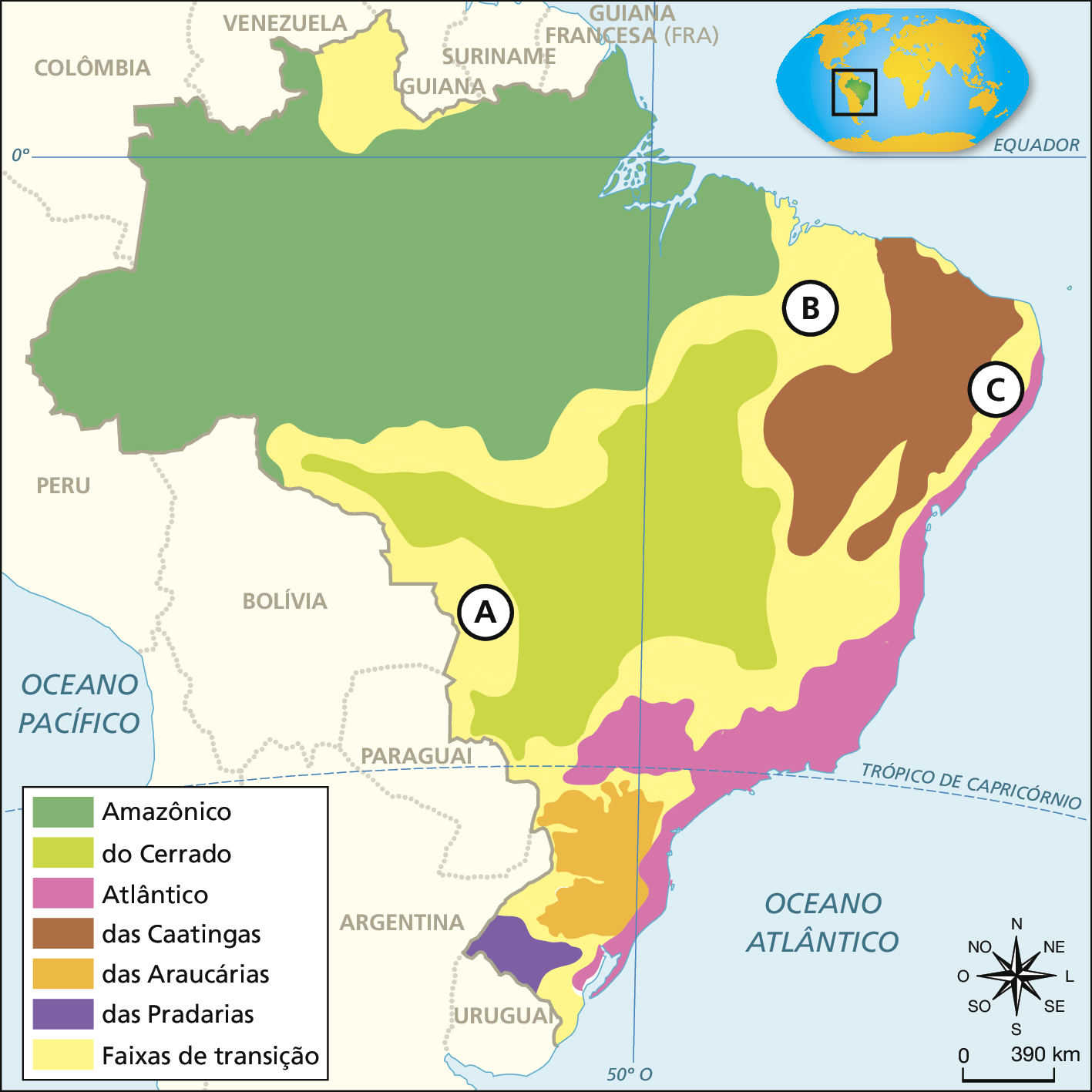 Mapa do Brasil com sete cores indicando a ocorrência de diferentes domínios morfoclimáticos. Na região Norte, grande extensão de verde escuro, indicando domínio Amazônico. Na região Centro-Oeste, grande extensão de verde claro, indicando Cerrado. Na região Sudeste e por todo o litoral leste do país, a cor rosa indica o domínio Atlântico. No interior do Nordeste há uma extensão marrom, indicando domínio das Caatingas. No interior do Sul há a cor laranja, indicando domínio das Araucárias. No extremo Sul a cor roxa indica o domínio das Pradarias. Contornando o Cerrado e a Caatinga há regiões amarelas que indicam faixas de transição. À leste do Cerrado a letra A indica Pantanal Mato-grossense. À noroeste da Caatinga, a letra B indica Mata dos Cocais. À leste da Caatinga a letra C indica Agreste. No canto superior direito, planisfério destacando a localização do Brasil. No canto inferior direito, rosa dos ventos e escala de 0 a 390 quilômetros.