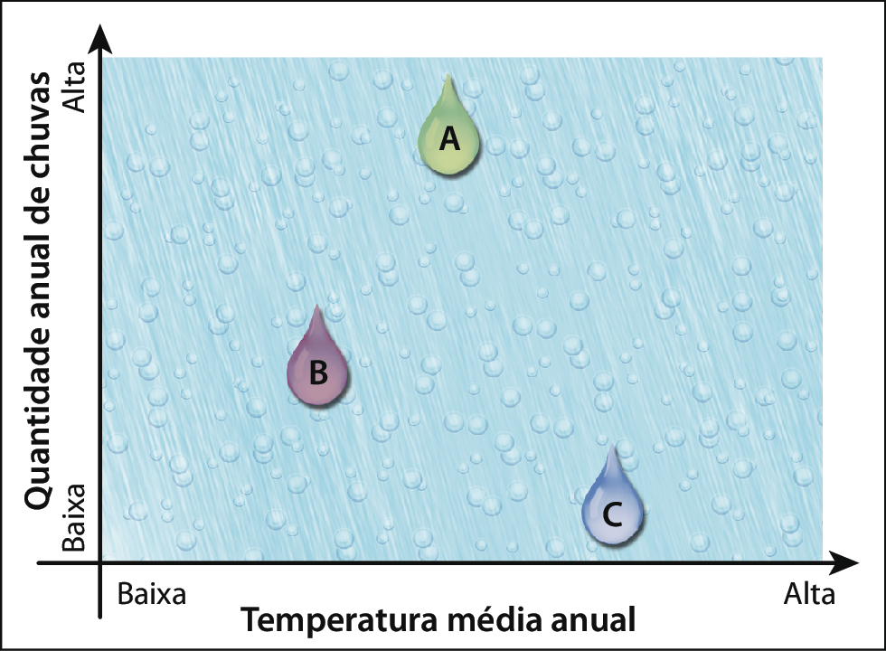 Gráfico. No eixo vertical, quantidade anual de chuvas. No eixo horizontal, temperatura média anual. O fundo do gráfico é azul com gotas translúcidas. Há uma gota verde, com a letra A, posicionada em um ponto de alta quantidade anual de chuvas e temperatura anual mediana. Uma gota vermelha, B, está posicionada em um ponto com média quantidade anual de chuvas e temperatura anual média-baixa. Uma gota roxa, C, está posicionada em um ponto com baixa quantidade anual de chuvas e temperatura anual alta.