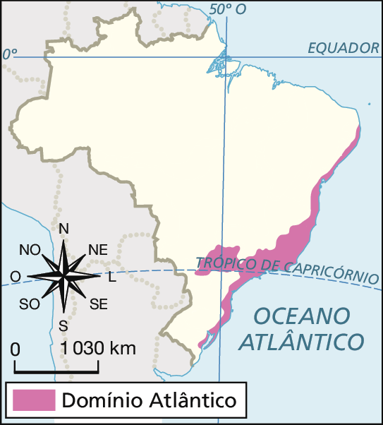 Mapa do Brasil com região destacada em rosa no Sudeste e em todo o litoral leste indicando o domínio Atlântico. No canto inferior esquerdo, rosa dos ventos e escala de 0 a 1030 quilômetros.
