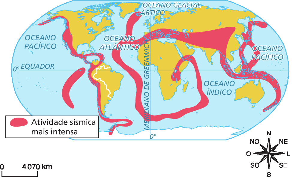 Planisfério apresentando as regiões com atividade sísmica mais intensa, em vermelho, que coincidem com as regiões onde estão os limites entre as placas litosféricas. No canto inferior direito, uma rosa dos ventos. No canto inferior esquerdo, escala de 0 a 4070 quilômetros.