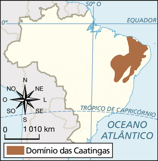 Mapa do Brasil destacando em marrom uma região no interior do Nordeste, indicando o domínio das Caatingas. No canto inferior esquerdo, rosa dos ventos e escala de 0 a 1010 quilômetros.