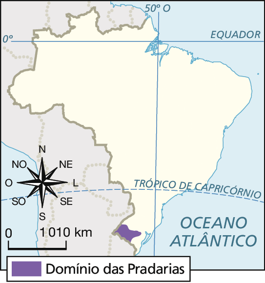 Mapa do Brasil com a cor roxa em região a oeste do extremo Sul indicada como domínio das Pradarias. Na parte inferior, à esquerda, rosa dos ventos e escala de 0 a 1010 quilômetros.