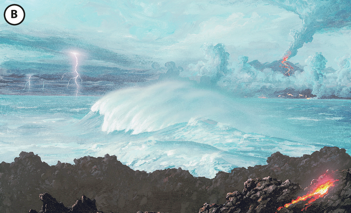 Ilustração B: Vista do mar com ondas gigantes e nuvens no céu claro e azulado. Ao fundo, relâmpagos e um vulcão em erupção.