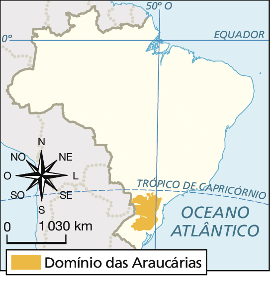 Mapa do Brasil destacando  em laranja o interior da região Sul, indicando o domínio das Araucárias. No canto inferior esquerdo, rosa dos ventos e escala de 0 a 1.030 quilômetros.