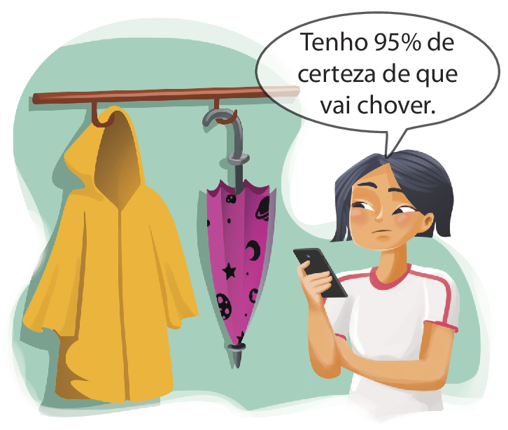 Ilustração. Menina asiática de cabelos curtos pretos, vestindo camiseta branca com detalhes vermelhos. Ela está observando uma capa de chuva amarela e um guarda-chuva rosa pendurados em ganchos na parede. Ela diz: Tenho 95 porcento de certeza de que vai chover.