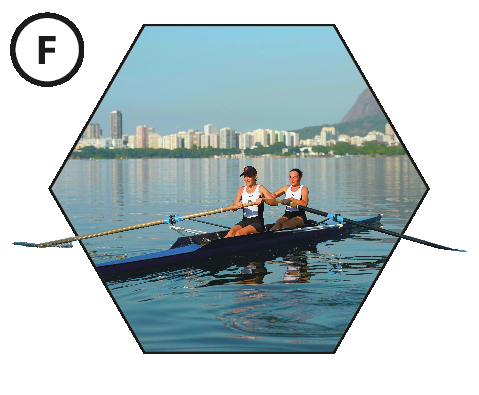 Fotografia. F: Duas pessoas em uma lagoa sobre uma canoa e usando dois objetos cilíndricos e compridos que encostam na água (remos).