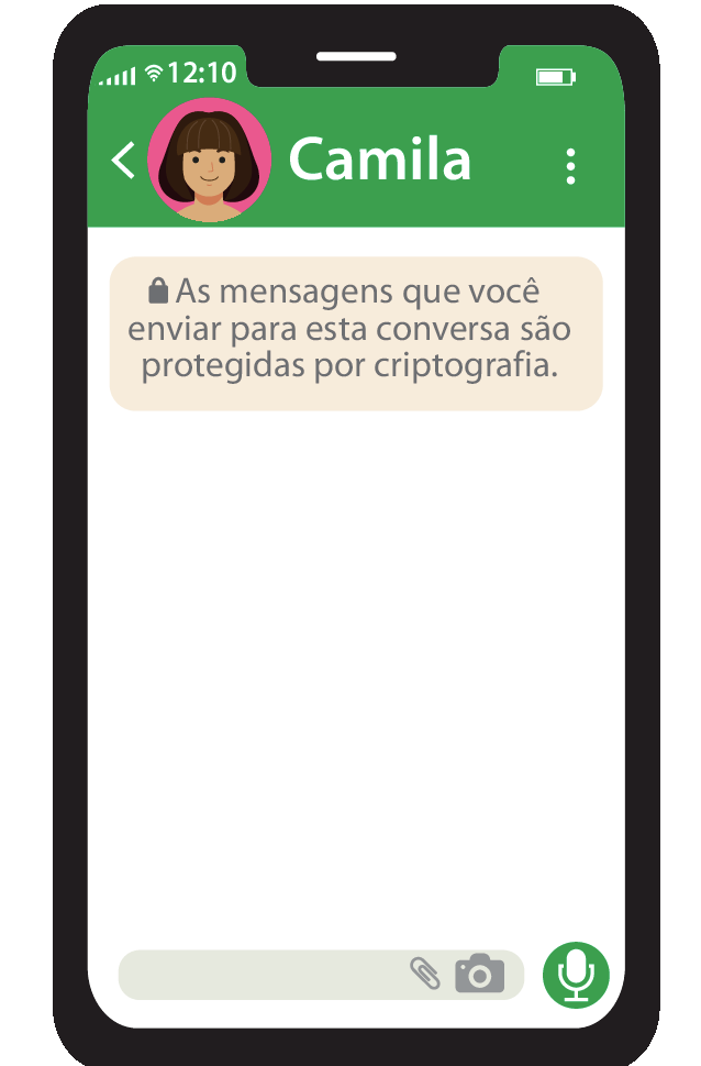 Tela de celular mostrando um aplicativo de mensagens. No aplicativo aparece o nome Camila e abaixo o texto: As mensagens que você enviar para esta conversa são protegidas por criptografia.