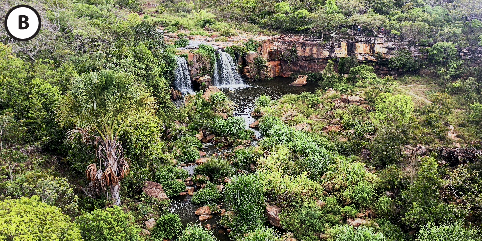 Fotografia B: Vista aérea de mata com cachoeiras em um corpo d'água e vegetação diversa, rica em árvores.