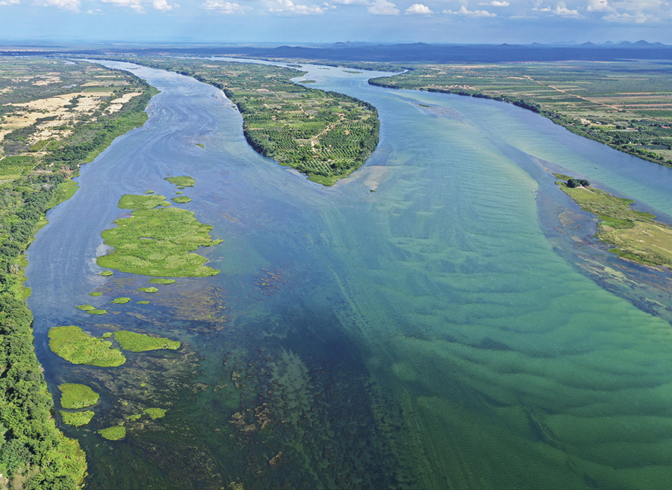 Fotografia. Vista aérea para um rio largo com algumas ilhas e vegetação ao redor. A água tem um tom esverdeado. Acima, pequena faixa de céu azul.