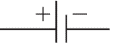 Símbolo. Uma linha horizontal interrompida por uma linha vertical maior junto a um símbolo de positivo, e uma linha vertical menor junto ao símbolo de negativo.