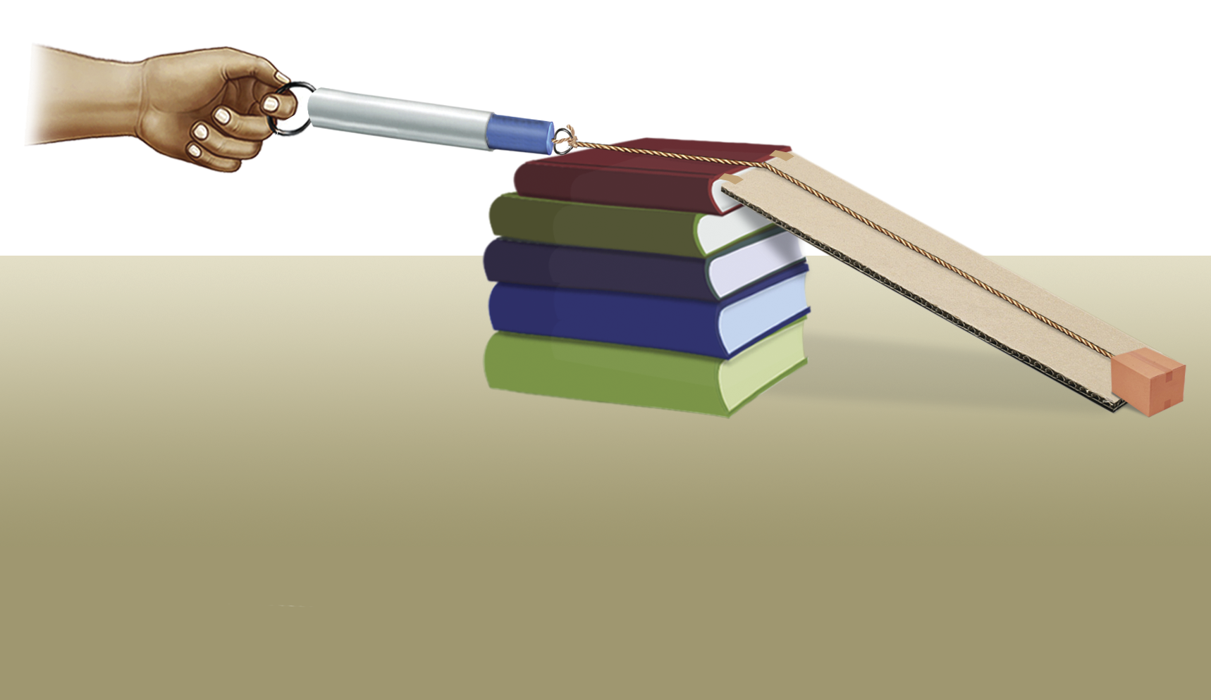 Ilustração. À esquerda, uma mão segurando uma argola que está presa a um objeto cilíndrico, preso a um barbante que passa por um pedaço de papelão que serve de rampa e está apoiado em uma pilha de livros. Na ponta do barbante há um cubo laranja.