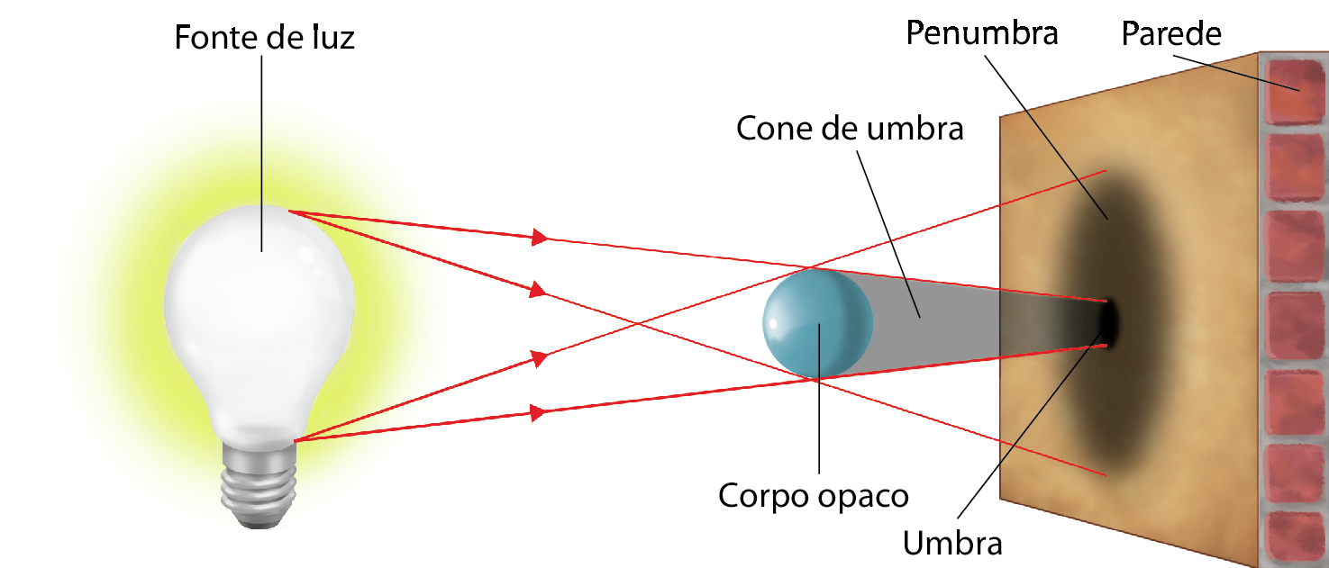 Esquema. À esquerda, uma lâmpada acesa indicada como fonte de luz. Ao centro, uma esfera azul indicada como corpo opaco. À direita, uma parede. Da lâmpada partem linhas retas com setas em direção à esfera e à parede. A esfera opaca projeta um cone escuro, indicado como cone de umbra, que se fecha em direção à parede, formando nela um pequeno círculo indicado como umbra. Na parede também forma-se um círculo maior e menos escuro indicado como penumbra.