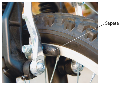 Fotografia. Detalhe da roda de uma bicicleta na região em que fica o freio. No freio há uma borracha preta identificada como sapata, que está encostada no aro da roda.