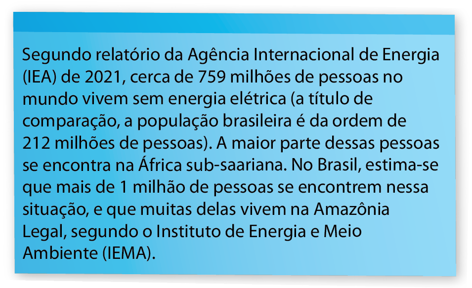 Post-it retangular azul com o seguinte texto: Segundo relatório da Agência Internacional de Energia (IEA) de 2021, cerca de 759 milhões de pessoas no mundo vivem sem energia elétrica (a título de comparação, a população brasileira é da ordem de 212 milhões de pessoas). A maior parte dessas pessoas se encontra na África sub-saariana. No Brasil, estima-se que mais de 1 milhão de pessoas se encontrem nessa situação, e que muitas delas vivem na Amazônia Legal, segundo o Instituto de Energia e Meio Ambiente (IEMA).