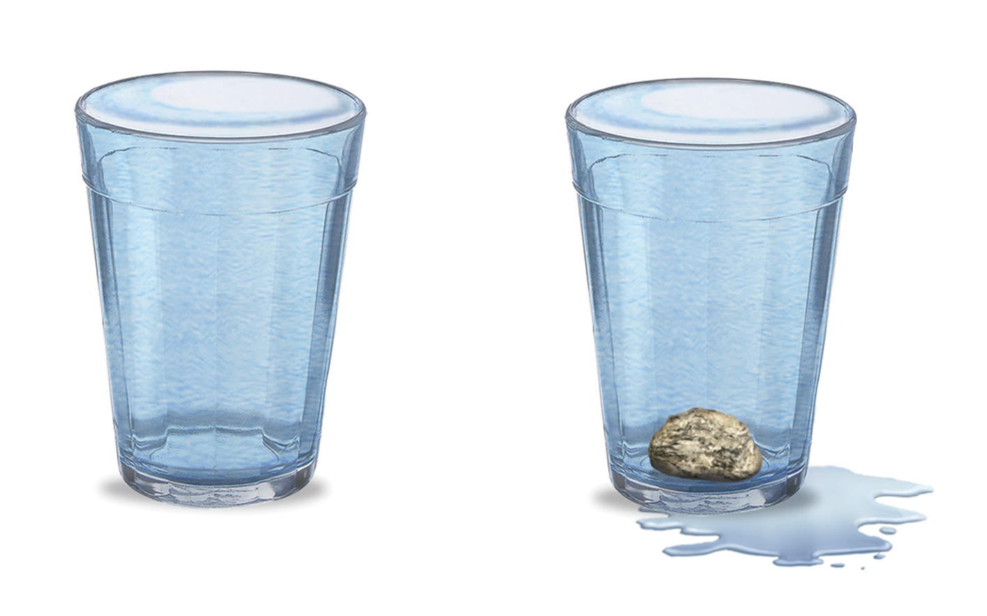 Ilustração. À esquerda, um copo de vidro com água até a boca, quase transbordando. À direita, um copo de vidro cheio de água e com uma pedra no fundo; ao redor do copo, água derramada.