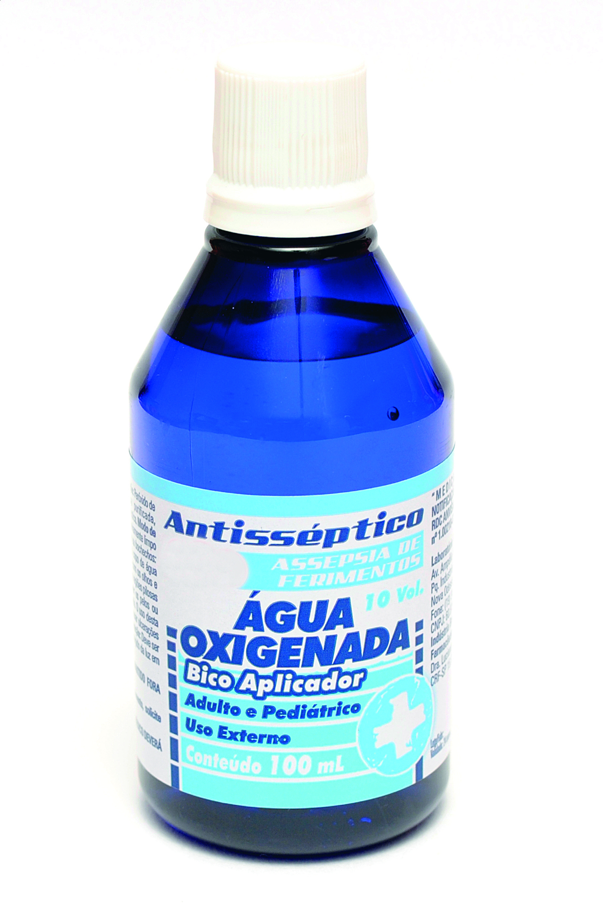 Fotografia. Um recipiente azul de água oxigenada com rótulo e tampa.