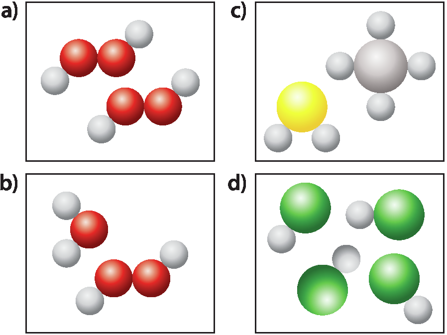 Ilustração a. Duas moléculas iguais, compostas de duas bolas vermelhas ligadas a duas bolas cinza. Ilustração b. Duas moléculas diferentes. Uma é formada por uma bola vermelha ligada a duas bolas cinza. Outra é formada por duas bolas vermelhas ligadas a duas bolas cinza. Ilustração c. Duas moléculas diferentes. Uma é composta de uma bola cinza ligada a quatro bolas cinza; outra é formada por uma bola amarela ligada a duas bolas cinza.  Ilustração d. Quatro moléculas iguais, formadas por uma bola verde ligada a uma bola cinza.